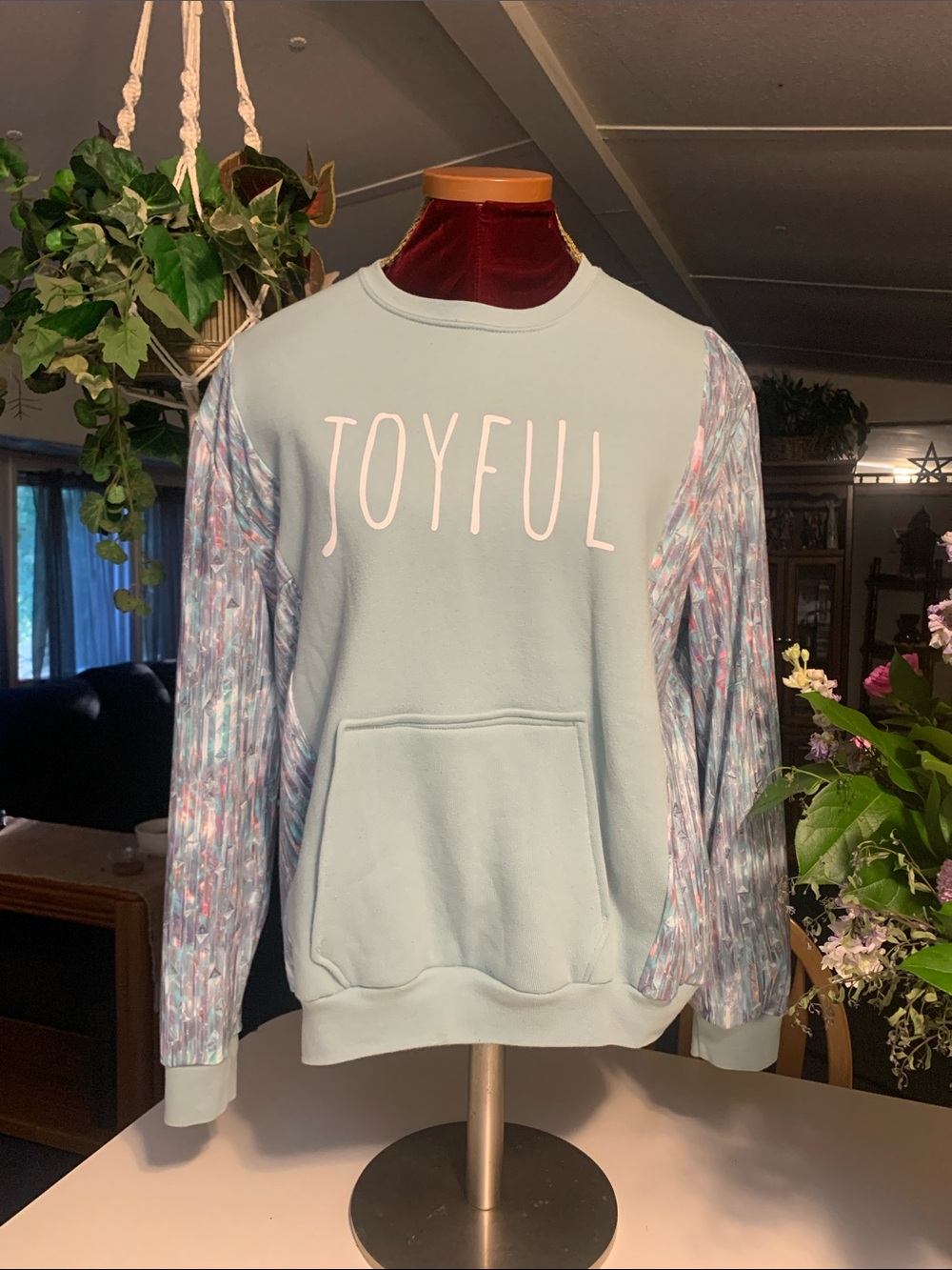 Upcycled Joyful Pullover Sweatshirt in Mint Green and Matching Sleeves